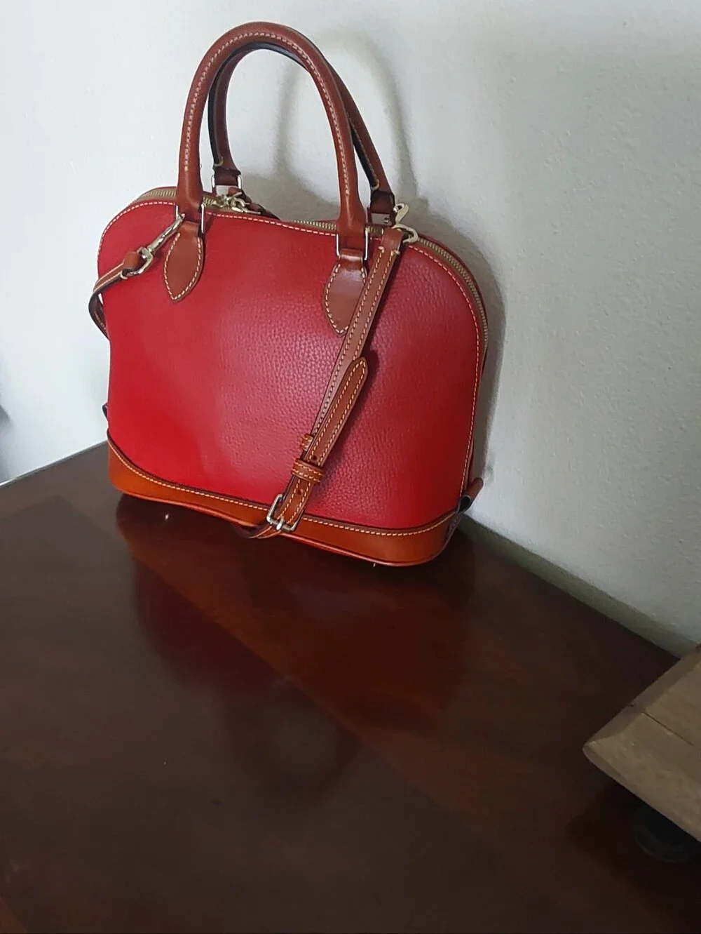 Dooney & Bourke Red Leather Satchel‎ with Tan Trim and Gold Hardware